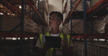 Inspecting warehouse worker checking rack stock inside warehouse aisle, with tablet and safety vest. Industrial, logistics, inventory, management, cargo, organization, operationalの写真素材