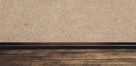 Close up of empty brown shelf on wallの写真素材