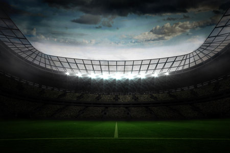 Digitally generated large football stadium under blue skyの写真素材