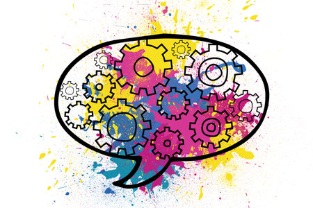 Flat graphic is showing black-outlined speech bubble filled with CMY white gears, ink splatters. Innovation, communication, technology, industrial, abstract, vibrant, creativeの写真素材