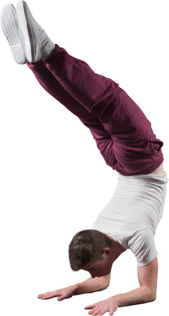 Teenager is balancing on forearms in flat design wearing burgundy pants, white shoes, copy space....