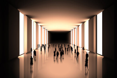 Tiny figures in black hallの写真素材