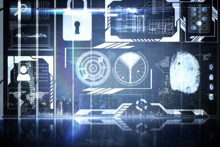 Digitally generated hologram interface in office overlooking cityの写真素材