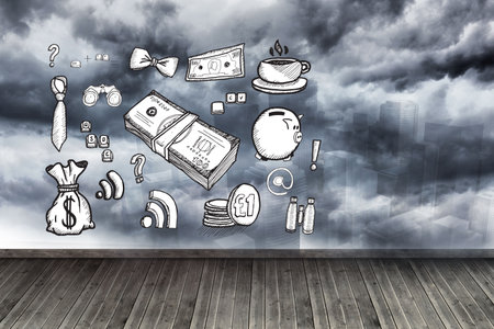 Graphic on wall with stormy skyの写真素材