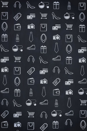 Retail icons are repeating on chalkboard-style background featuring carts, shoes, tags, bags. Vector, graphic, pattern, monochrome, accessory, fashion, commerceの写真素材