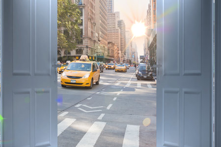 Digital composite of city street seen from open door
