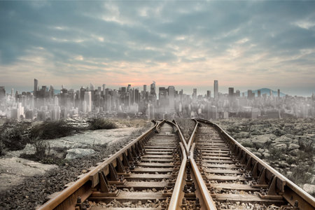 Digitally generated railway tracks leading to big cityの写真素材