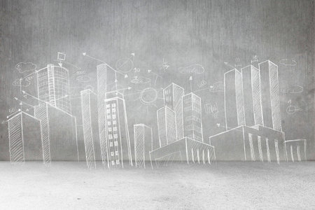 White chalk line drawing of city skyline is spanning grey concrete wall, showing arrows and circles. Urban, blueprint, minimalism, architecture, design, modern, professionalの写真素材