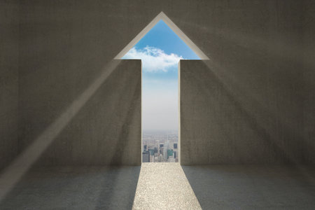 Flat design showing arrow-shaped concrete chamber opening revealing skyline and casting light beam. Urban, architecture, modern, minimalist, industrial, inspiration, travelの写真素材