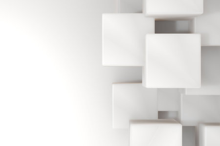 Cluster of white 3D cubes is casting soft shadows in minimalist gradient render, copy space. Modern,...