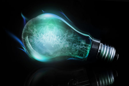 Green-blue filament light bulb is lying in 3D render on glossy black surface with metallic base....