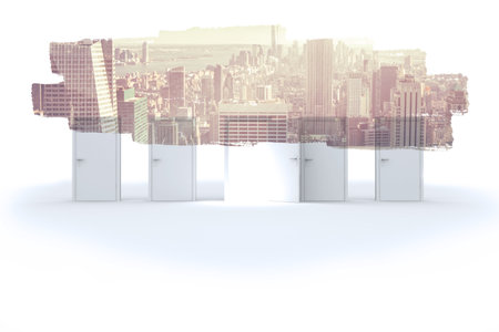 Abstract screen in room showing cityscape