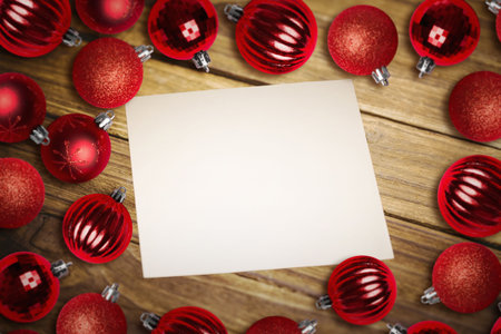 Christmas baubles on tableの写真素材