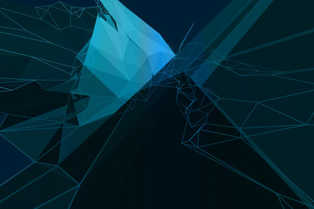 Blue 3D faceted polygonal form is hovering over dark gradient background showing wireframe network. Futuristic, geometric, digital art, abstract, technology, sci-fi, low polyの写真素材