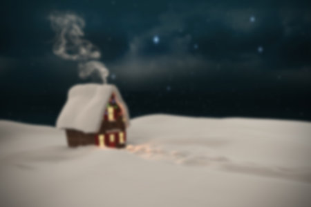 Wooden cabin is nestling in flat design drifts under starry sky with lit windows, smoke, footprints....