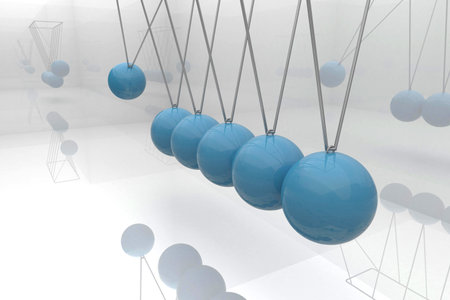 Six glossy blue spheres are swinging on silver rods in minimalist 3D scene with mirrored surfaces....