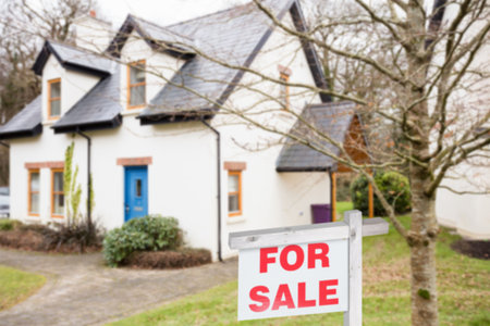 For sale signboard outside house in yardの写真素材