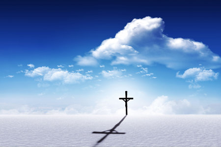 Wooden crucifix is standing on white plain in flat design, casting long shadow under blue sky. Sacred, spirituality, minimalist, contemplation, tranquility, outdoor, symbolismの写真素材