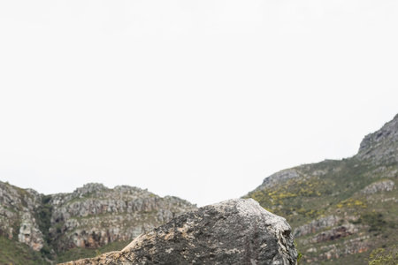 Flat design is illustrating large boulder on rugged hillside with moss patches under overcast sky. Terrain, natural landscape, rugged, textured, minimalism, outdoors, wildernessの写真素材