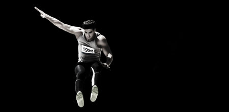 Digital composite image of concentrated sportsman long jumping against black background