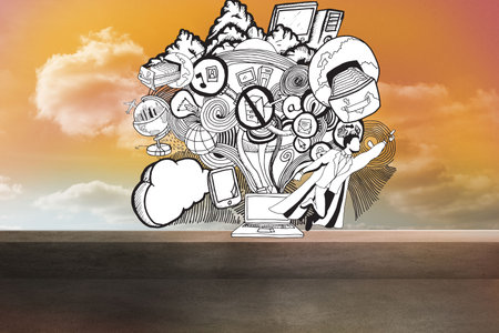 Graphic drawn on orange skyの写真素材