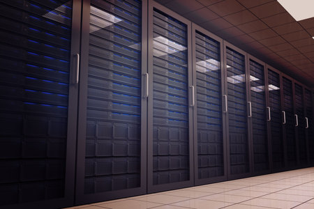 Digitally generated server room with many towers