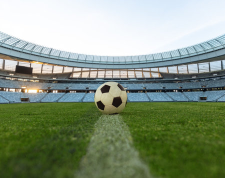 Football in an empty stadiumの写真素材
