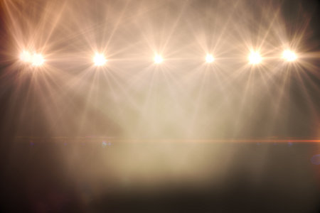 Six spotlights are shining through haze with lens flares and light streak in flat design stage....
