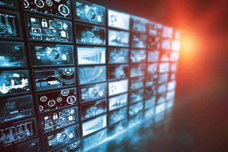 Digital composite image of various device screens with illuminated lightの写真素材