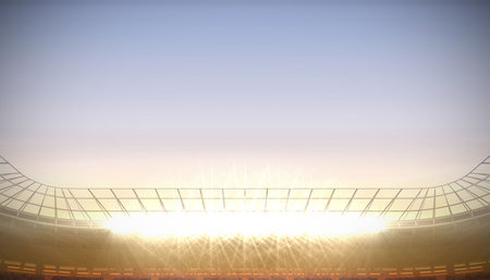 Flat design is showcasing curved stadium truss holding floodlights over tiers against dusk sky. Architectural, illumination, structure, sports, modern, outdoor, technologyの写真素材