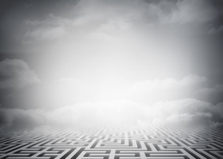 Flat design labyrinth-style floor is stretching into dreamlike sky, merging with soft cloud layers. Geometric, surrealism, minimalism, innovation, abstract, atmospheric, tranquilityの写真素材