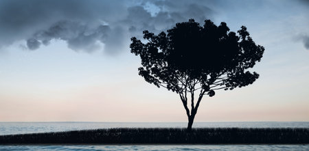 Flat design is showing solitary tree on grassy bank reflecting calm water under low clouds. Nature, landscape, tranquility, silhouette, minimalist, reflection, serenityの写真素材