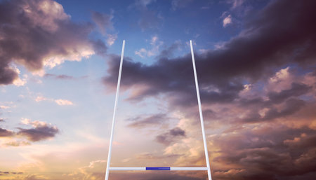 White goalpost standing on empty field against dramatic purple and gold sunrise sky in flat design. Sports, landscape, minimalism, athletic, outdoor, vibrant, horizonの写真素材