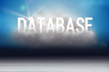Database text is floating above billowing clouds in flat design, showing wooden plank surface....