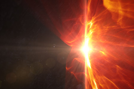 Abstract flat design is showing fiery plasma burst flowing into dark space with central light seam....