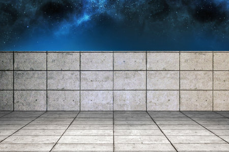 Flat design concrete terrace is stretching under blue starry night sky with glowing nebula clouds. Minimalist, tranquil, celestial, scenic, urban, modern, outdoorの写真素材