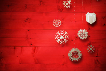 Christmas decorations over wood with copy spaceの写真素材