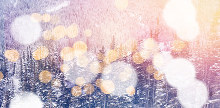 Close-up of defocused lights against snow covered trees and mountain