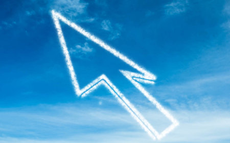 Flat illustration is showing cursor-shaped cloud contrails drifting in blue sky, forming arrow. Sky, clouds, aviation, atmosphere, minimalism, travel, navigationの写真素材