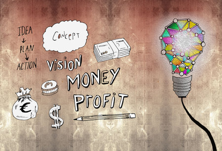Digitally generated business plan on brown wallの写真素材