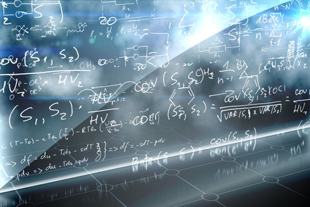 Floating translucent equations and chemical diagrams illuminating glowing nodes over grid floor. Futuristic, technology, data visualization, digital environment, abstract, scientific, high-techの写真素材
