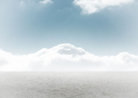 Flat design illustrating barren ground stretching toward dense low-lying cloud bank under clear sky. Minimalist, ethereal, atmospheric, tranquil, expansive, scenic, abstractの写真素材