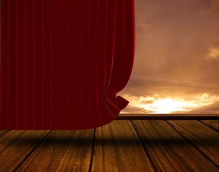 Red velvet curtain is drawing open on stage floor in flat design, revealing glowing sunset sky. Theater, dramatic, vintage, performance, ambiance, lighting, stagecraftの写真素材