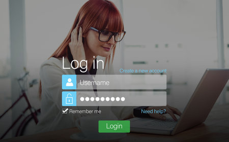 Login screen with redheaded woman and laptop with glasses