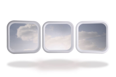 Flat design illustration is showing three rounded-square frames floating with partly cloudy sky....