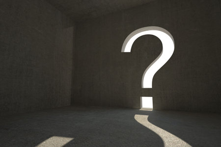 Grey room with question mark doorの写真素材