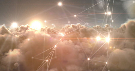 Digital composite image of glowing dots with connecting lines over cloudsの写真素材