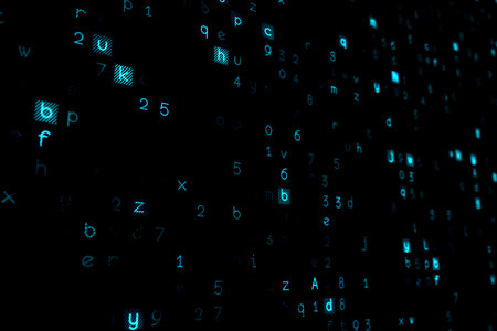 Glowing teal alphanumeric glyphs and pixel-like squares are being shown in data space, flat design....