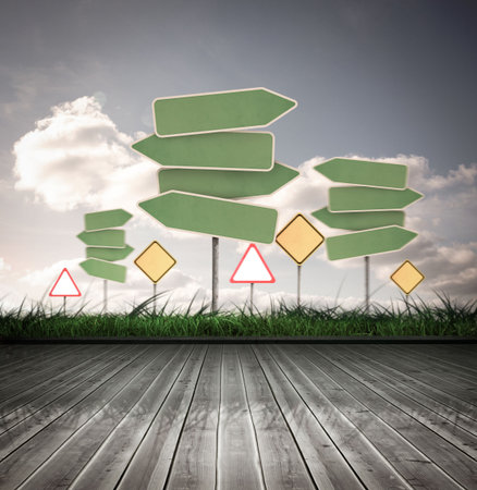 Road signs over wooden planksの写真素材