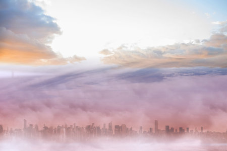 Flat design city skyline silhouette is rising through pink purple fog, with orange pink blue clouds. Dusk, dawn, atmospheric, silhouette, urban landscape, vibrant, moodyの写真素材